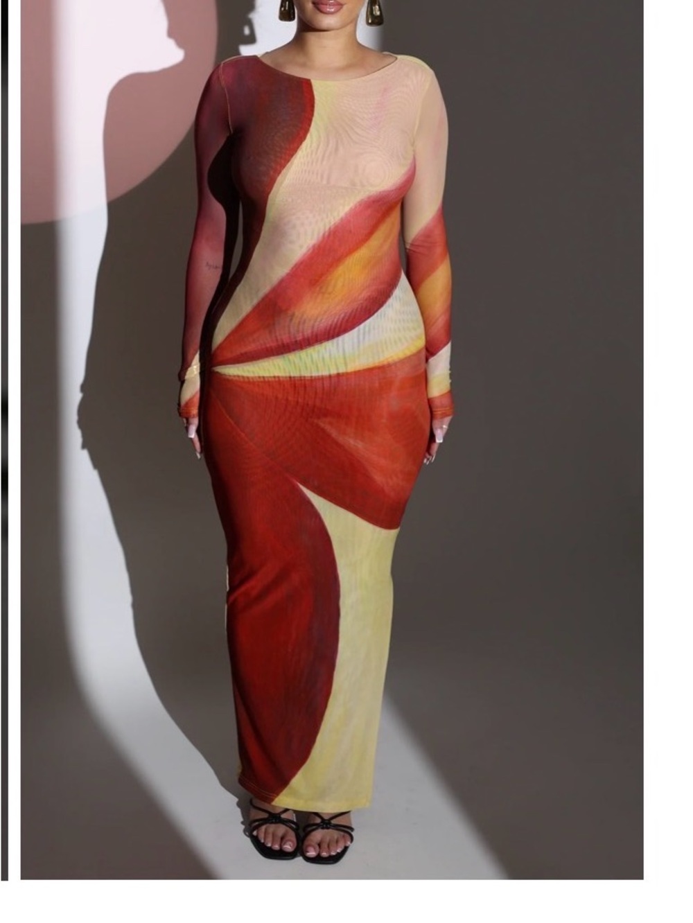 Farai London Long Sleeve Abstract Maxi Dress in Red & Cream